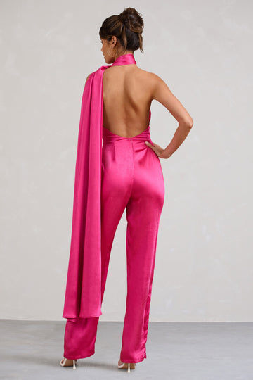 Cascada Hot Pink Satin Wide Leg Jumpsuit With Statement Scarf Neck